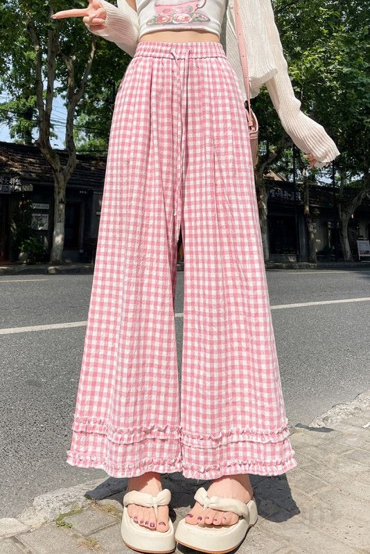 여성 일본식 더블 레이어 원목 귀 플레드 와이드 팬츠 여름용 루즈핏 슬림 캐주얼 스타일 시원한 착용감 편안한 외출 팬츠 - 상세 이미지 4