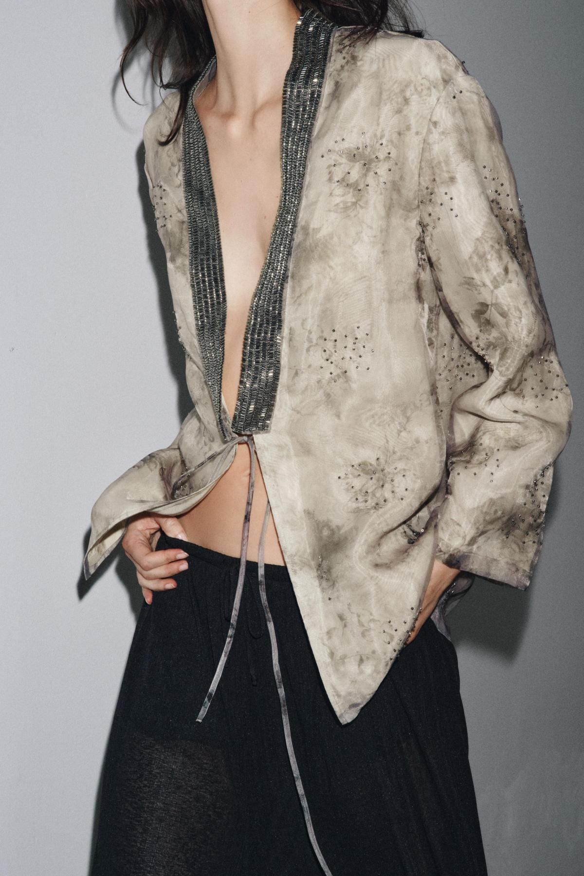 자라 테크니컬 오간자 비즈 프린트 기모노 4786/214 TAUPE GREY - 상세 이미지 5