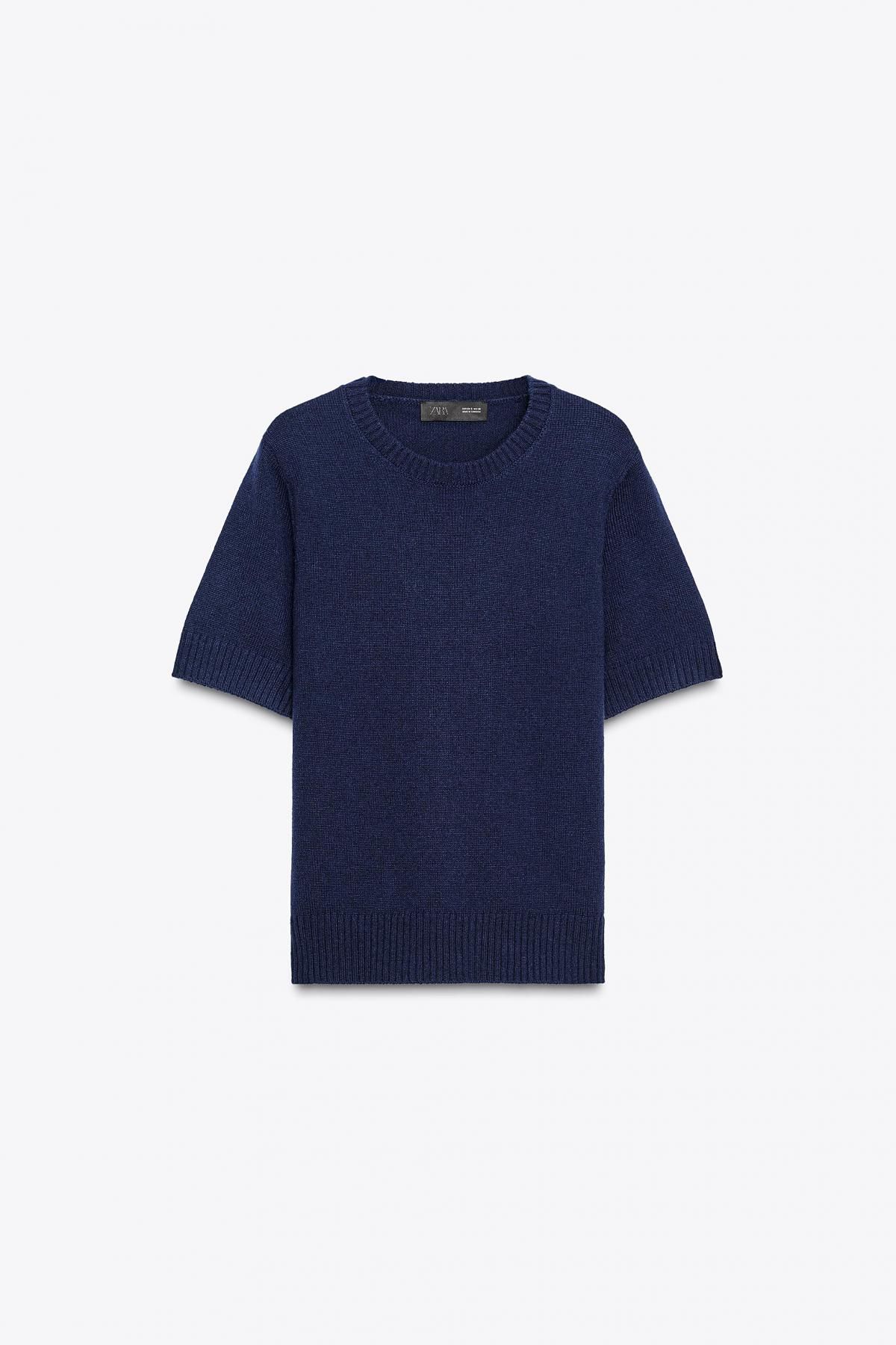 자라 프리미엄 울 라운드넥 반팔 니트 탑 2893/108 BLUE / NAVY - 상품 이미지