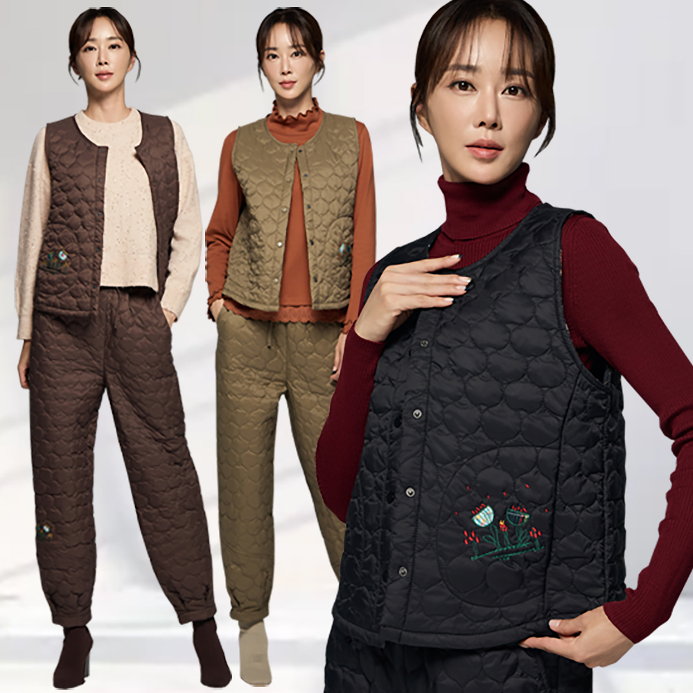 엄마옷 퀼팅 자수 상하 세트 투피스 셋업 조끼 밴딩바지 빅사이즈 중년여성 마담 60대 50대 40대 - 상품 이미지