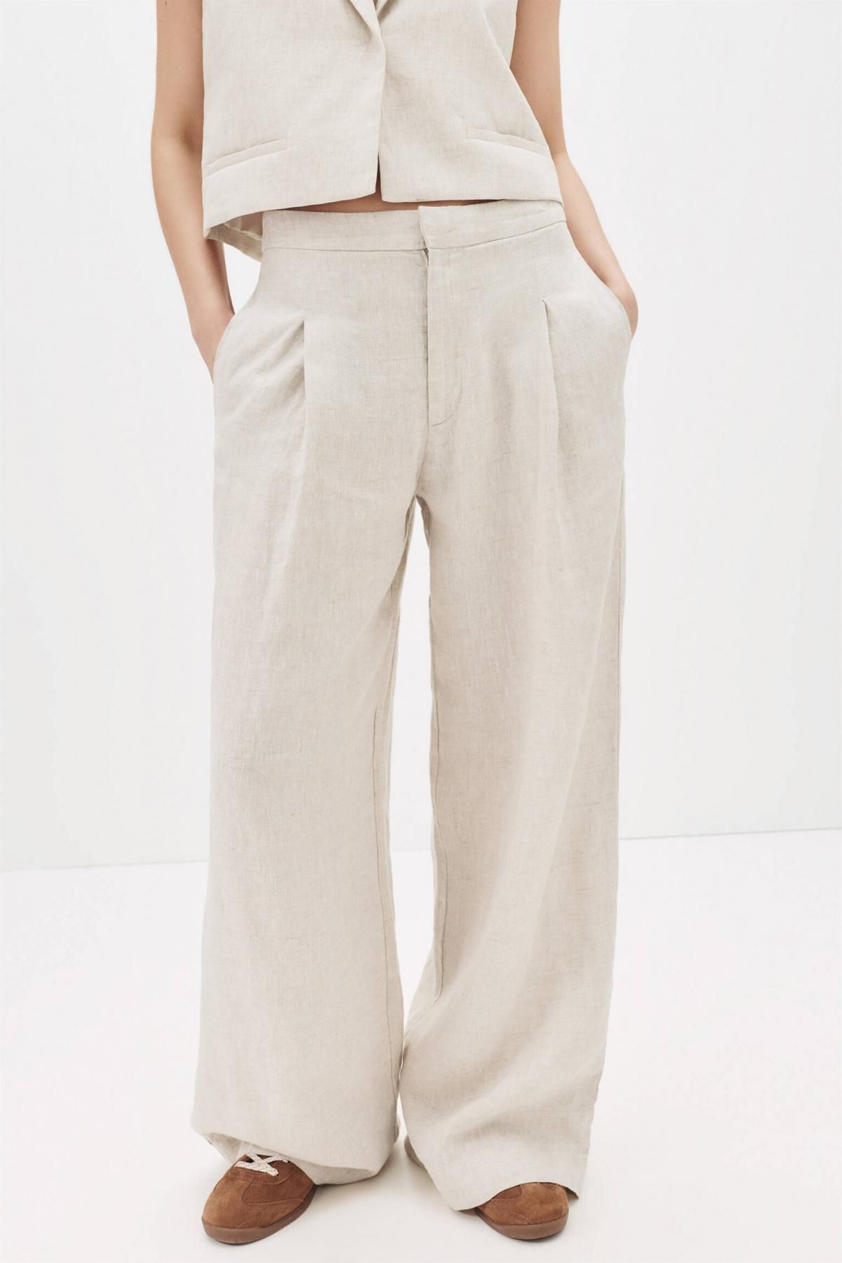 풀앤베어 내추럴 린넨 와이드 플리츠 팬츠 7675/326 TAN - 상품 이미지