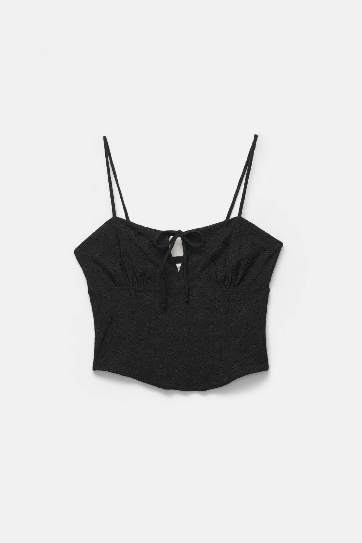 풀앤베어 스위스 자수 슬림핏 스트랩 크롭 코르셋 탑 7152/361 BLACK - 상품 이미지