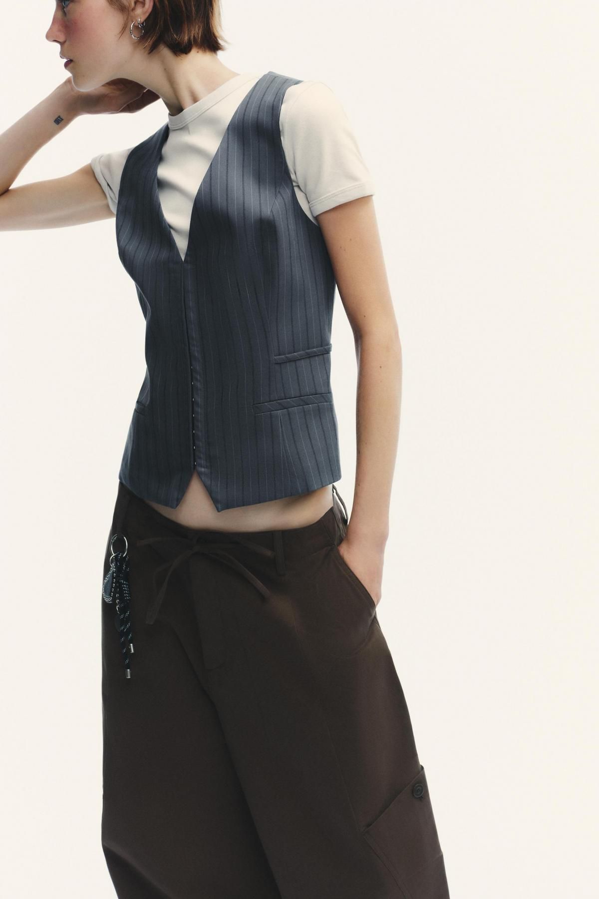 자라 핀스트라이프 테일러드 브이넥 베스트 2010/720 BLUE / GREY - 상세 이미지 5