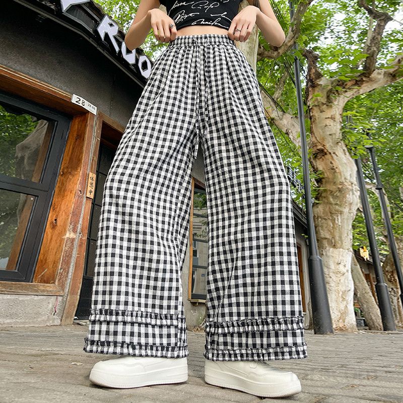 여성 일본식 더블 레이어 원목 귀 플레드 와이드 팬츠 여름용 루즈핏 슬림 캐주얼 스타일 시원한 착용감 편안한 외출 팬츠 - 상세 이미지 2