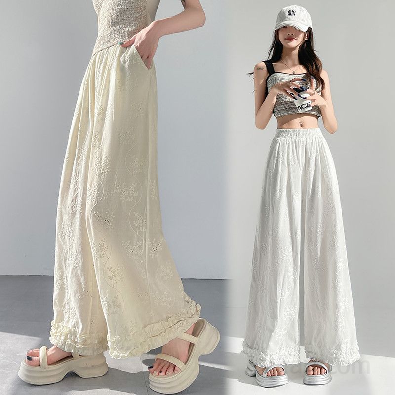 여성 와이드 레이스 팬츠 여름용 자외선 차단 캐주얼바지 얇고 시원한 착용감 편안한 외출용 데일리 스타일 - 상세 이미지 2