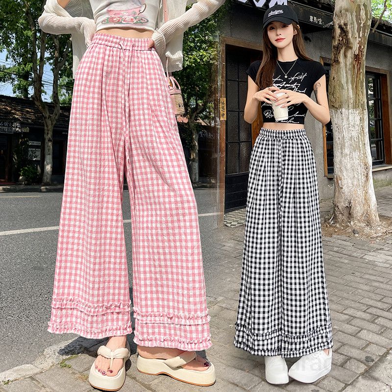 여성 일본식 더블 레이어 원목 귀 플레드 와이드 팬츠 여름용 루즈핏 슬림 캐주얼 스타일 시원한 착용감 편안한 외출 팬츠 - 상품 이미지