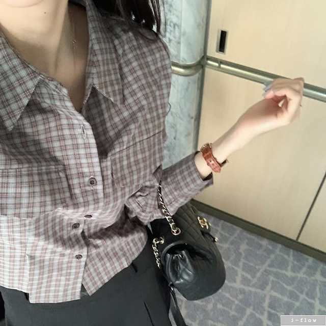 버턴 카라넥 크롭 체크 셔츠 2col 가을 봄 슬림 레이어드 포켓 긴팔 빈티지 제이플로우 이미지 6