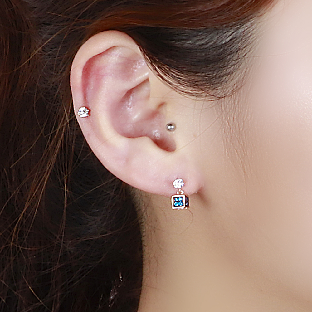 14k 18k 청 큐빅 피어싱 블랙 도금 사각 드롭 딸랑이 볼 피어싱 귀걸이 이미지 6