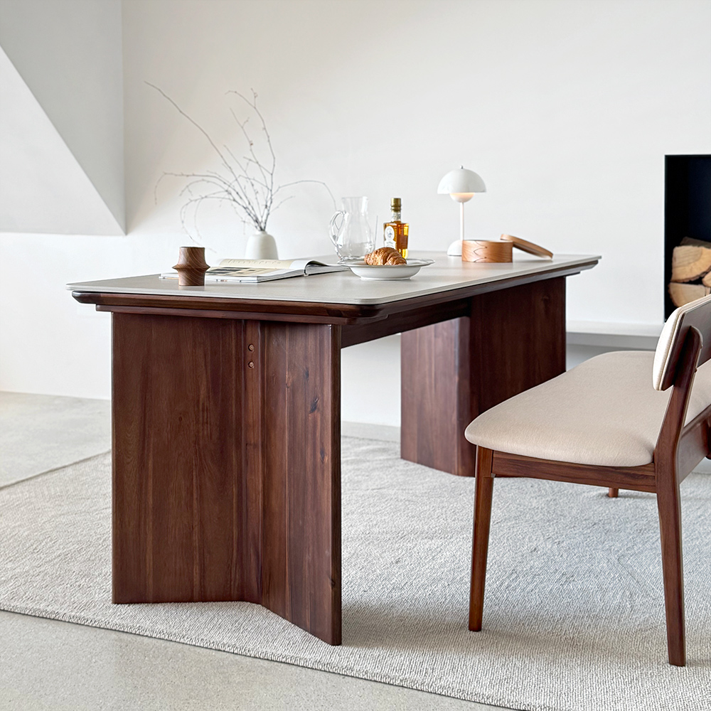 로포텐 브루클린 양면 세라믹식탁 세트 원목 4인용 식탁 포세린 1400 의자2 벤치