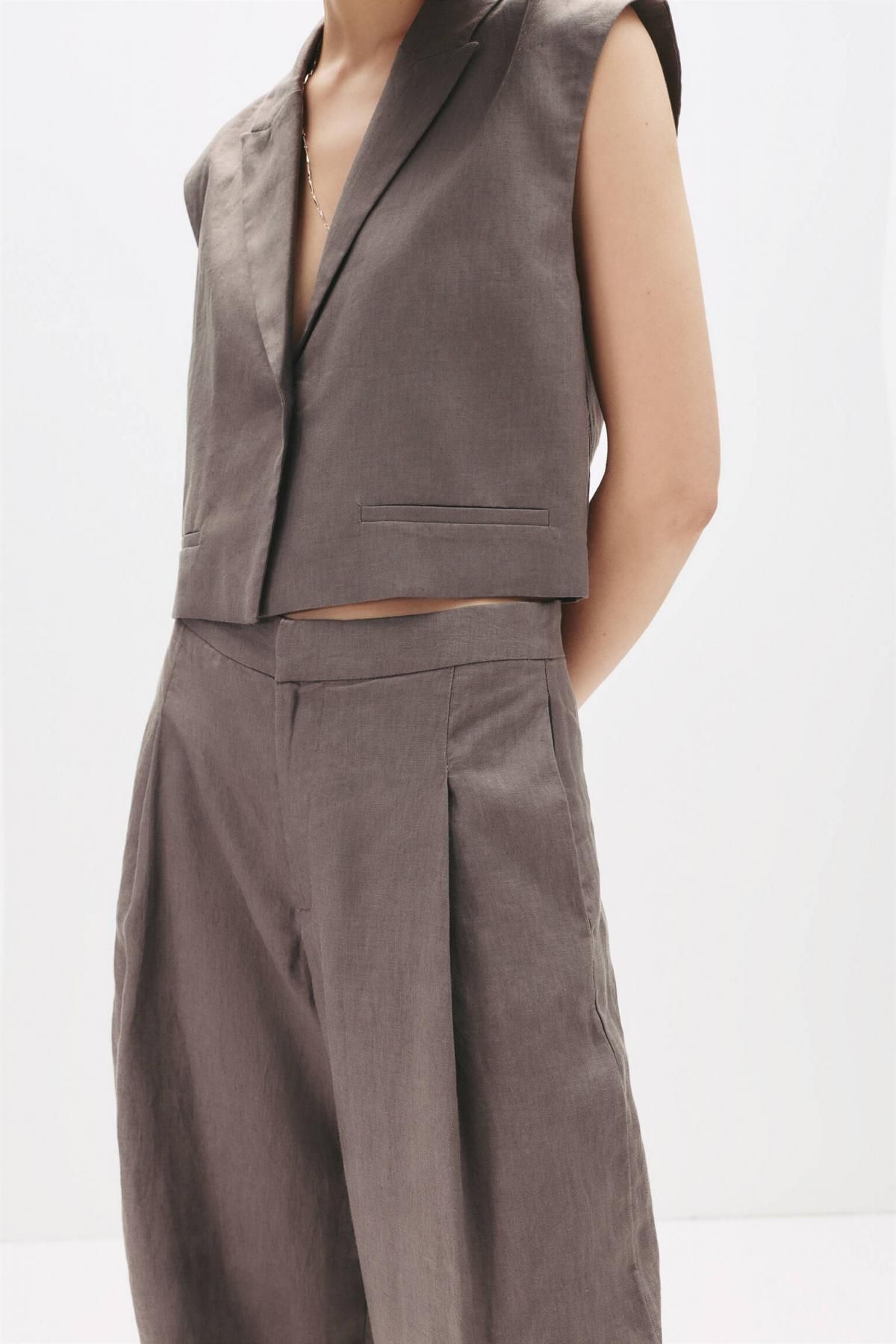 풀앤베어 내추럴 린넨 와이드 플리츠 팬츠 7675/326 TAUPE - 상세 이미지 5