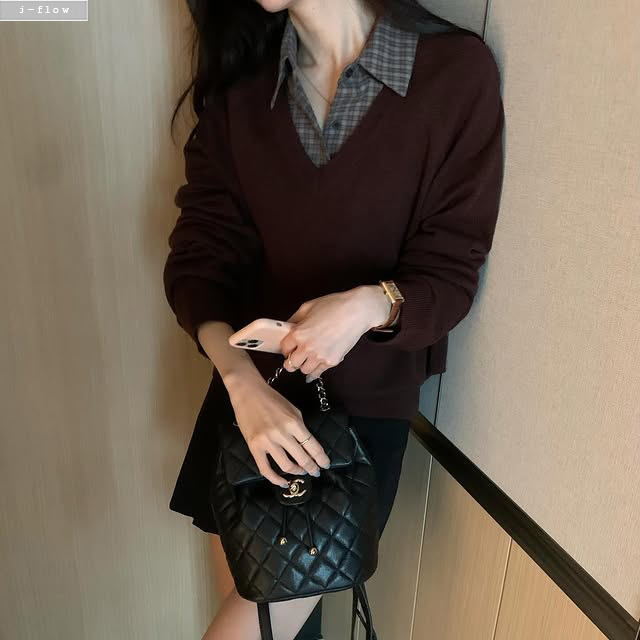 버턴 카라넥 크롭 체크 셔츠 2col 가을 봄 슬림 레이어드 포켓 긴팔 빈티지 제이플로우 - 상세 이미지 2