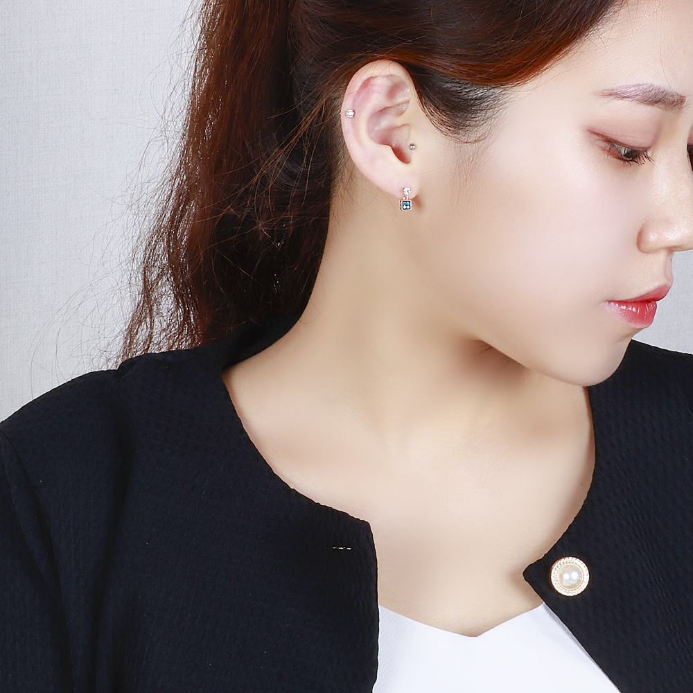 14k 18k 청 큐빅 피어싱 블랙 도금 사각 드롭 딸랑이 볼 피어싱 귀걸이 이미지 8