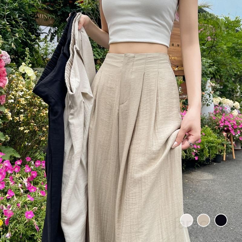 여성 아이스 실크 리넨 와이드팬츠 여름 얇은 하이웨이스트 캐주얼 밴딩 팬츠 편안한 착용감 데일리 스타일 시원한 통기성 좋은 외출용 팬츠 - 상세 이미지 2