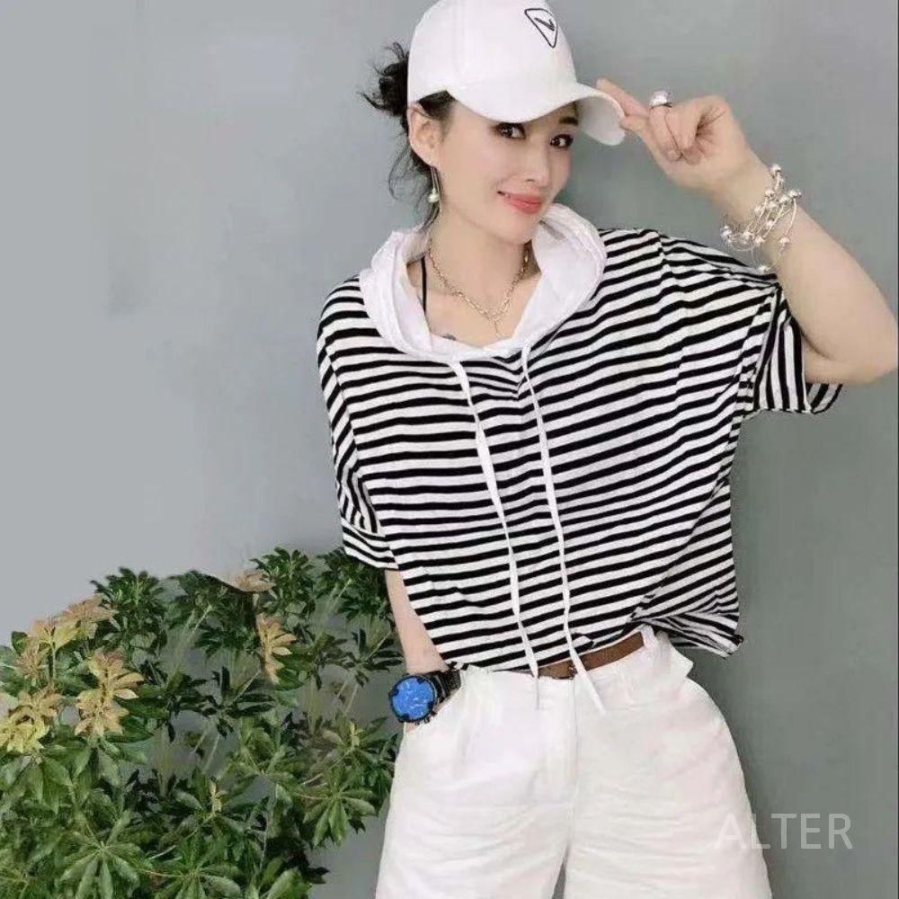 반팔 코디 빨 후드 흰색 셔츠 편한 스트라이프 색 티 검은색 레드 여름 간 줄무늬 데일리 - 상품 이미지