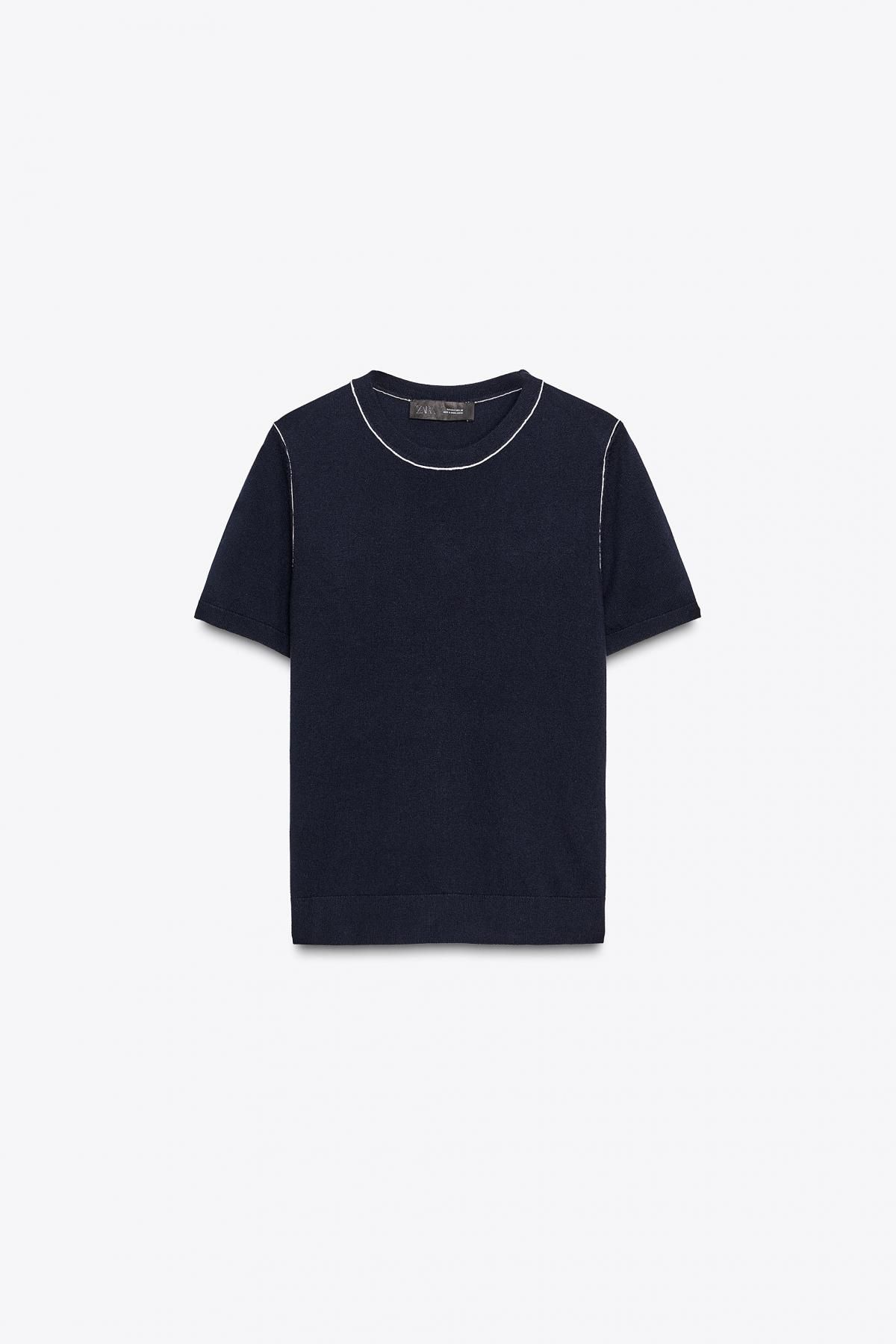 자라 파이핑 라운드넥 반팔 니트 탑 3471/100 NAVY BLUE - 메인 이미지