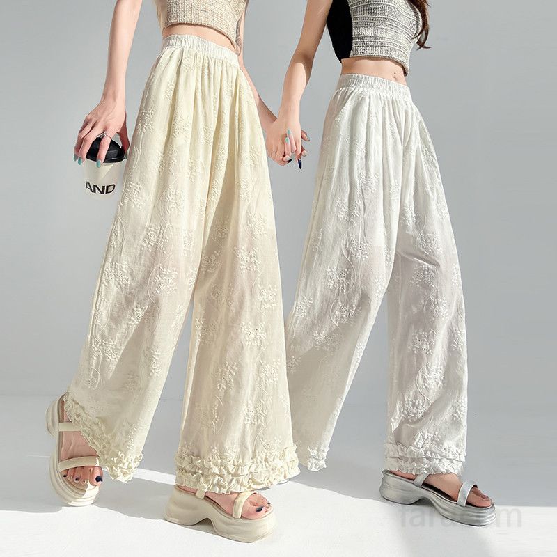 여성 와이드 레이스 팬츠 여름용 자외선 차단 캐주얼바지 얇고 시원한 착용감 편안한 외출용 데일리 스타일 - 상품 이미지