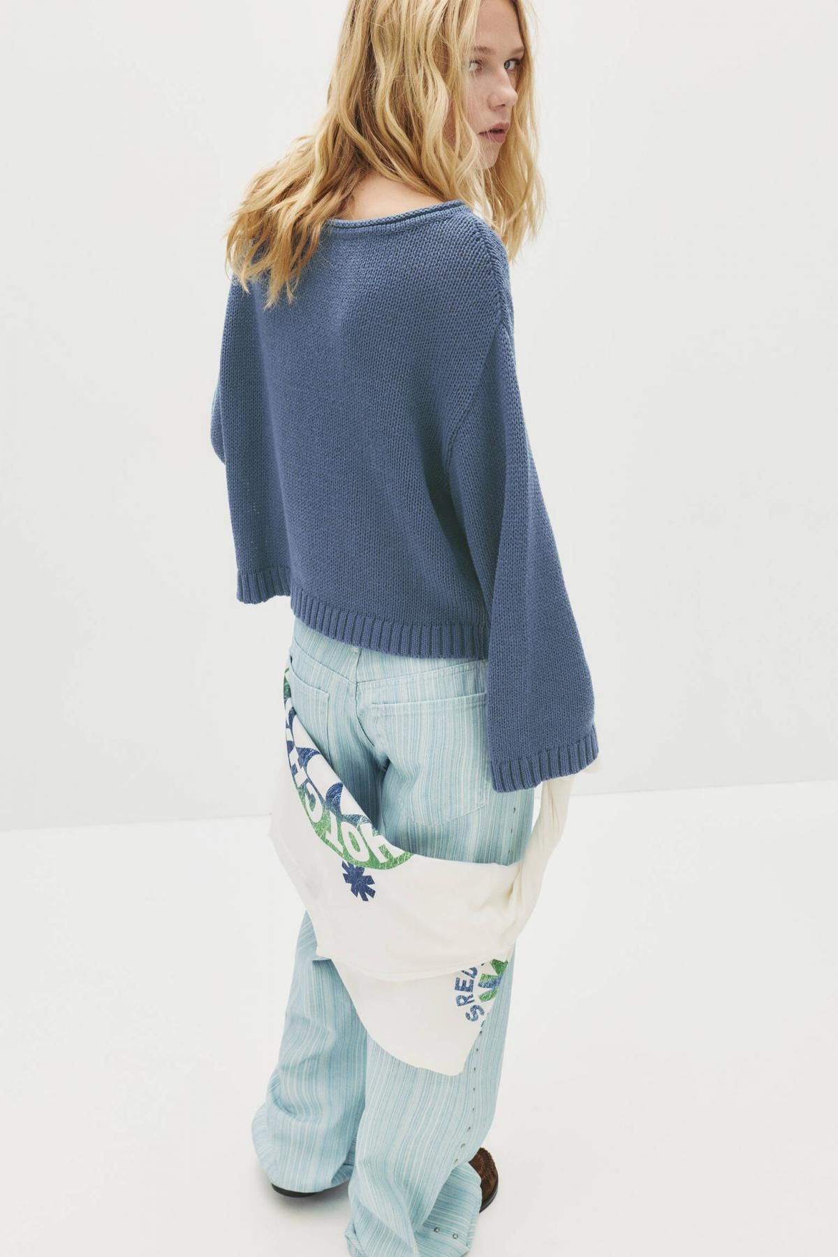 풀앤베어 오버사이즈 코튼블렌드 라운드넥 스웨터 7550/321 NAVY - 상세 이미지 3