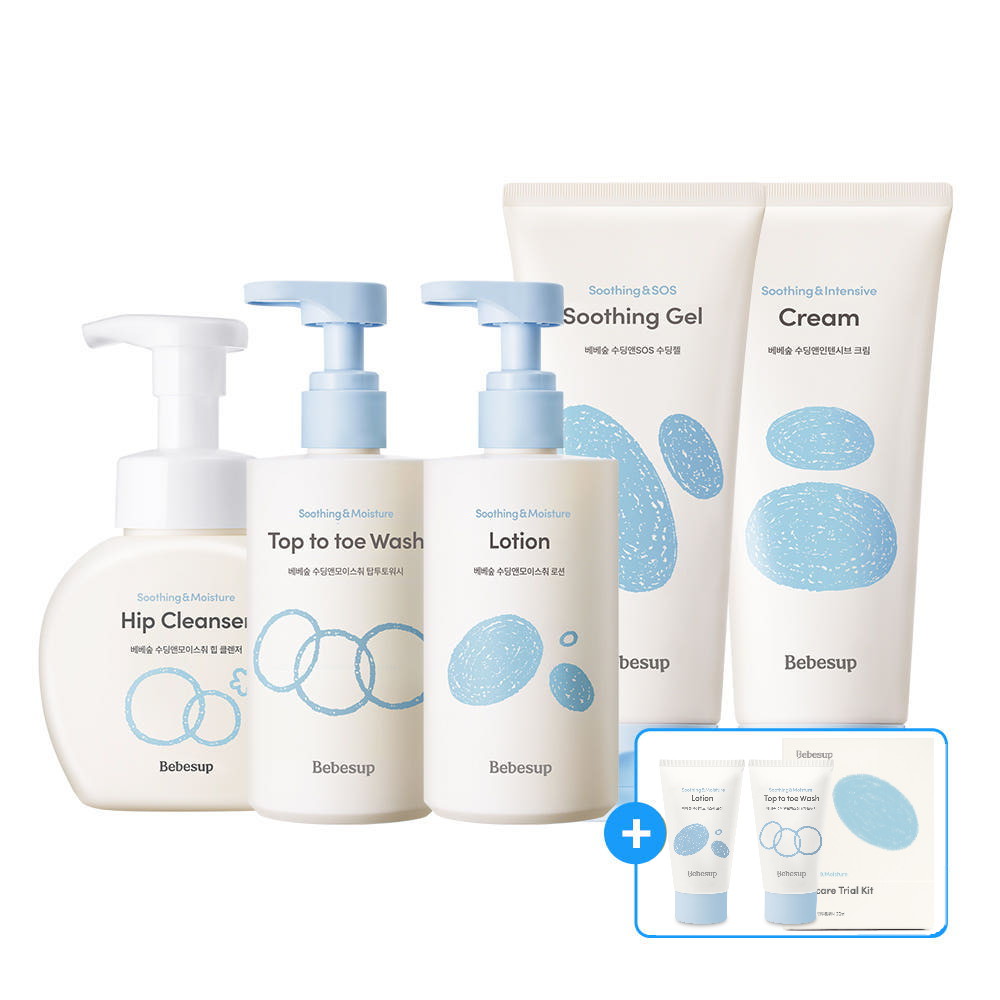 베베숲 수딩앤모이스춰 로션 300ml 1개+크림 200ml 1개+탑투토워시 300ml 2개 외 스킨케어 모음전