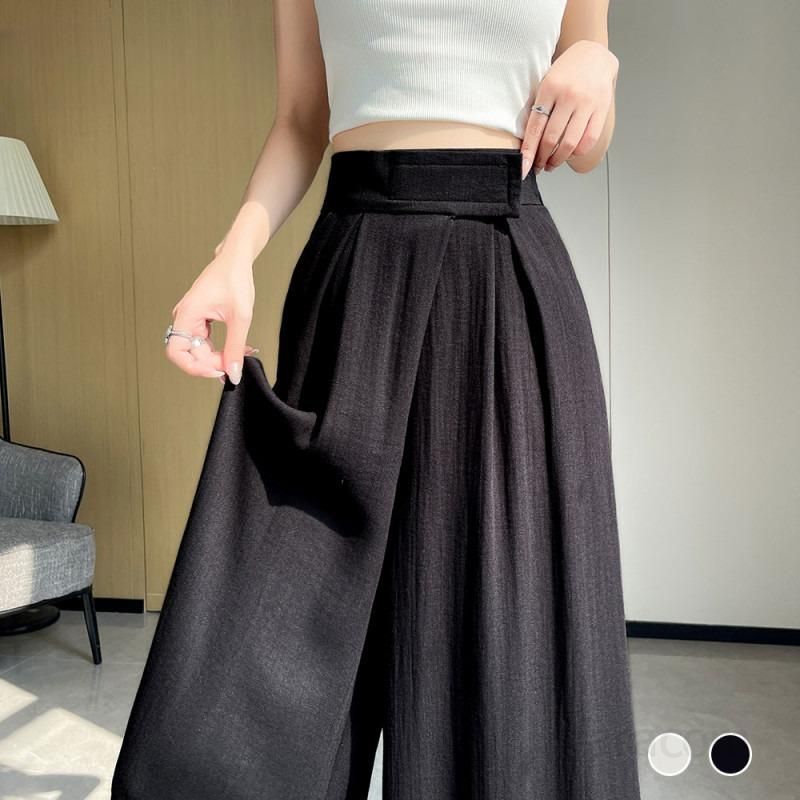 여성 하이웨스트 와이드팬츠 여름용 실크코튼 린넨 소재로 시원한 착용감 드레이프 스타일 캐주얼 팬츠 통바지 데일리룩으로 적합한 루즈핏 - 상세 이미지 3