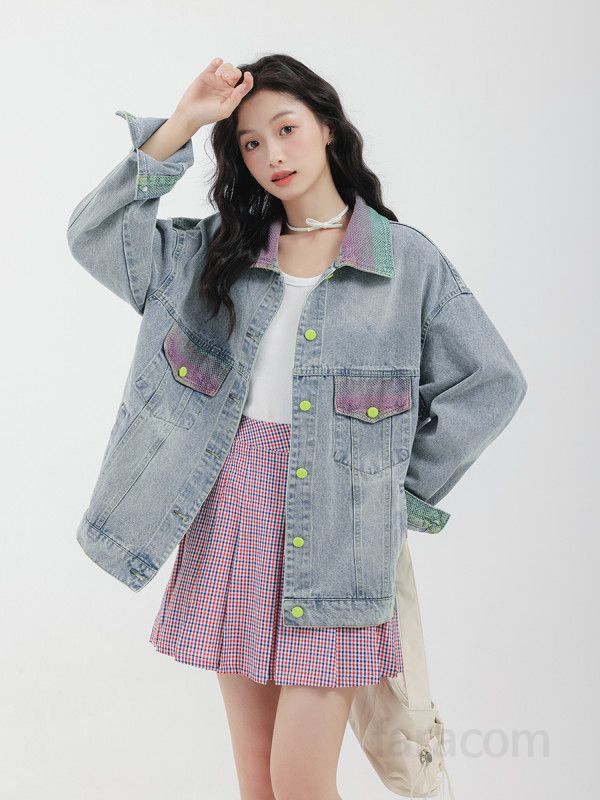 여성 레트로 데님 자켓 가을 루즈핏 홍콩 스타일 청자켓 컬러 매칭 캐주얼 아우터 트렌디한 디자인 데일리 패션 외출용 - 상세 이미지 3