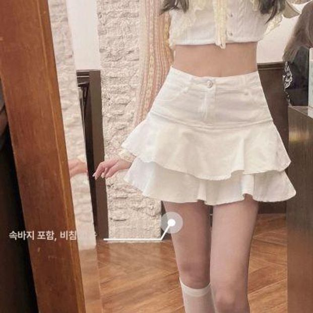여자 볼륨 치마 미니스커트 플레어 셔링 화이트 S - 상세 이미지 5