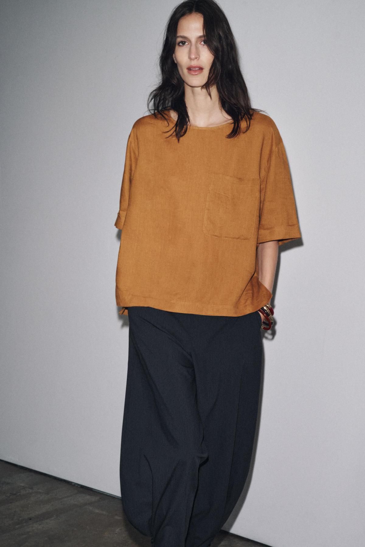 자라 린넨 내추럴 라운드 반팔 티셔츠 4786/118 OCHRE - 상세 이미지 3