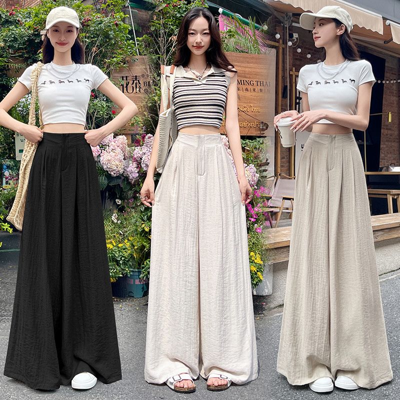 여성 아이스 실크 리넨 와이드팬츠 여름 얇은 하이웨이스트 캐주얼 밴딩 팬츠 편안한 착용감 데일리 스타일 시원한 통기성 좋은 외출용 팬츠 - 상품 이미지