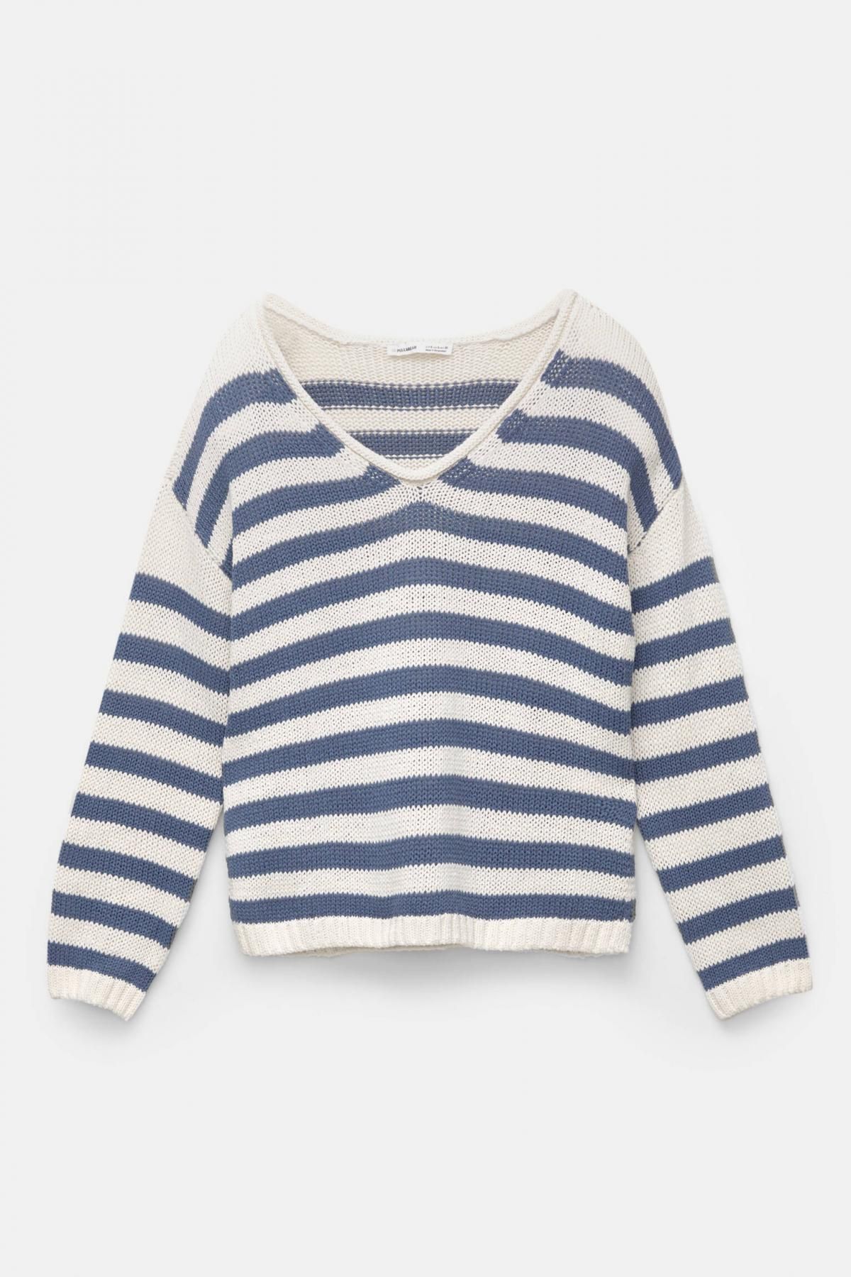 풀앤베어 코튼 블렌드 스트라이프 브이넥 니트 스웨터 7550/340 ECRU/NAVY - 상품 이미지