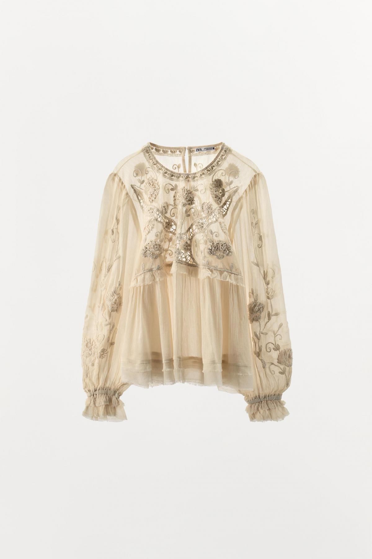 자라 플라워 자수 비즈 시스루 러플 블라우스 5107/903 OYSTER-WHITE - 상품 이미지