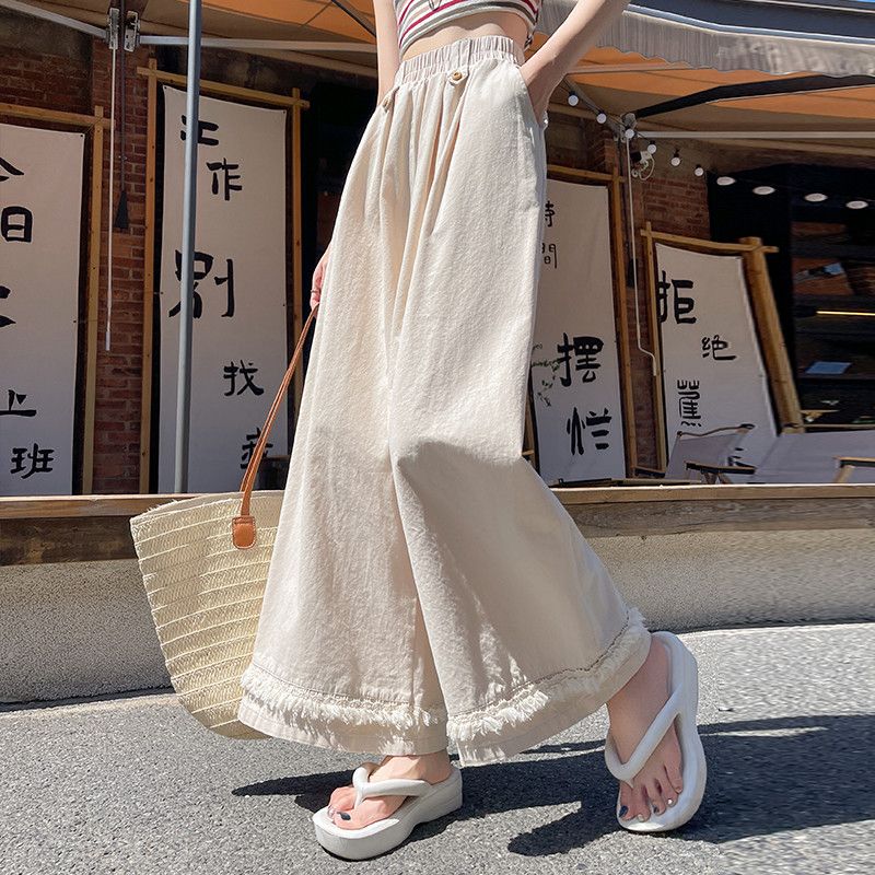 여성 면 와이드팬츠 9부 밴딩 캐주얼 스타일 부드러운 드레이프 여름 통기성 좋은 편안한 외출용 팬츠 - 상세 이미지 4