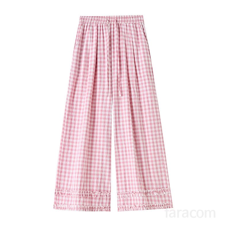 여성 일본식 더블 레이어 원목 귀 플레드 와이드 팬츠 여름용 루즈핏 슬림 캐주얼 스타일 시원한 착용감 편안한 외출 팬츠 - 상세 이미지 3