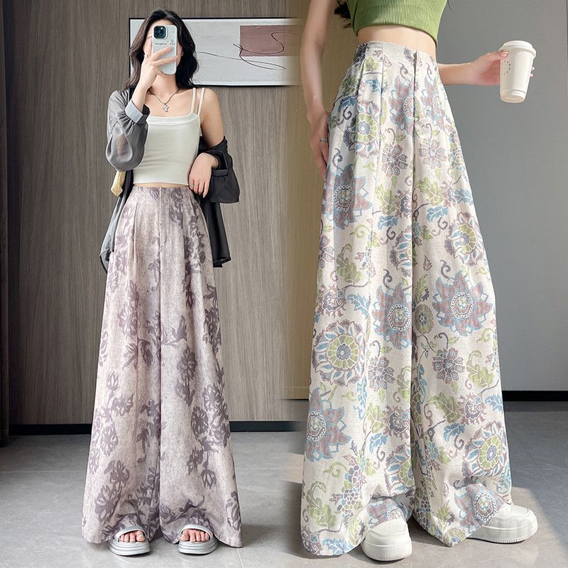 여성용 아이스 실크 코튼 리넨 프린트 와이드 팬츠 여름 하이웨이스트 9부 캐주얼 루즈핏 통바지 시원한 착용감 편안한 스타일 데일리 외출용 - 상품 이미지