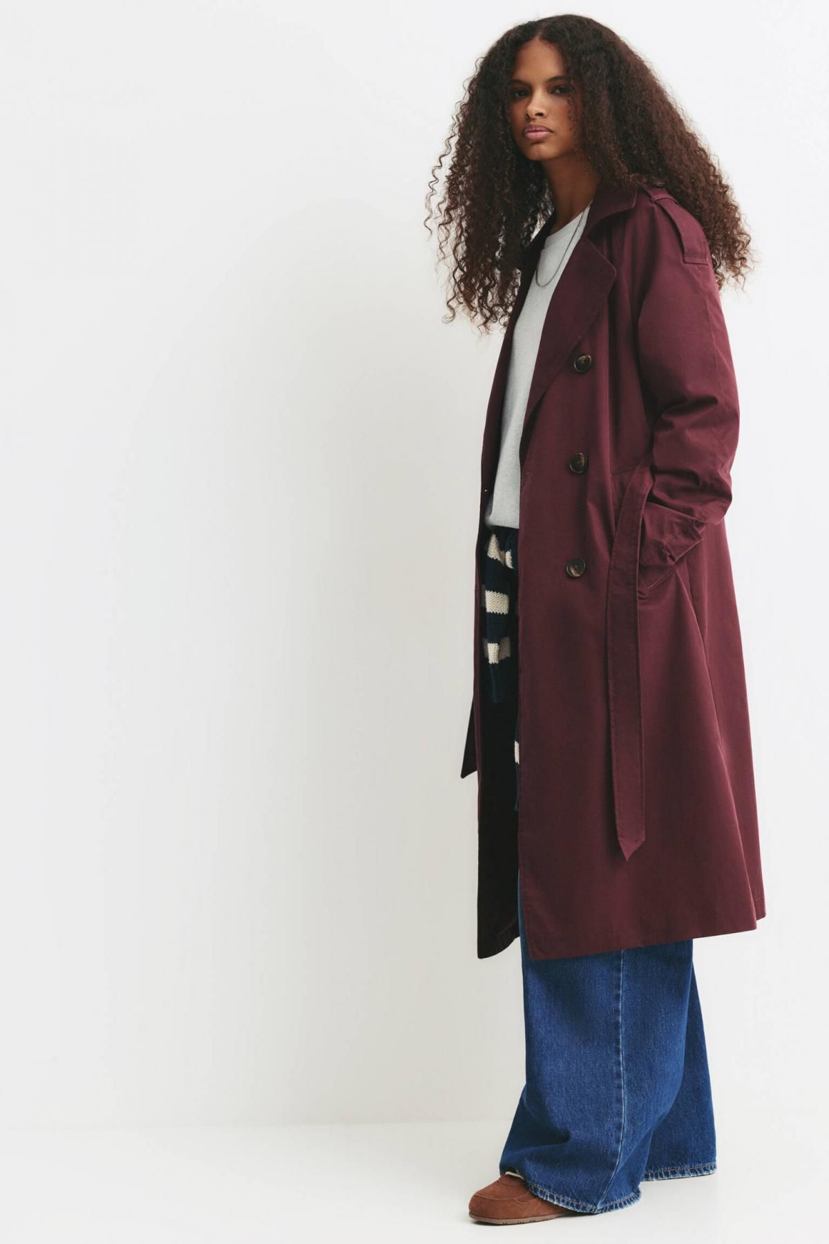 풀앤베어 딥레드 더블버튼 벨트 트렌치코트 4752/323 MAROON - 상세 이미지 5