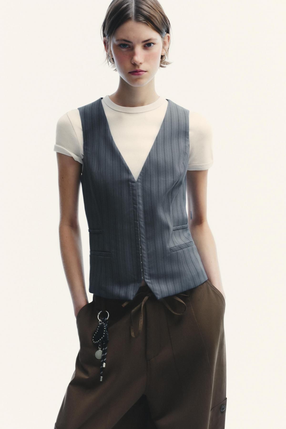 자라 핀스트라이프 테일러드 브이넥 베스트 2010/720 BLUE / GREY - 상세 이미지 3
