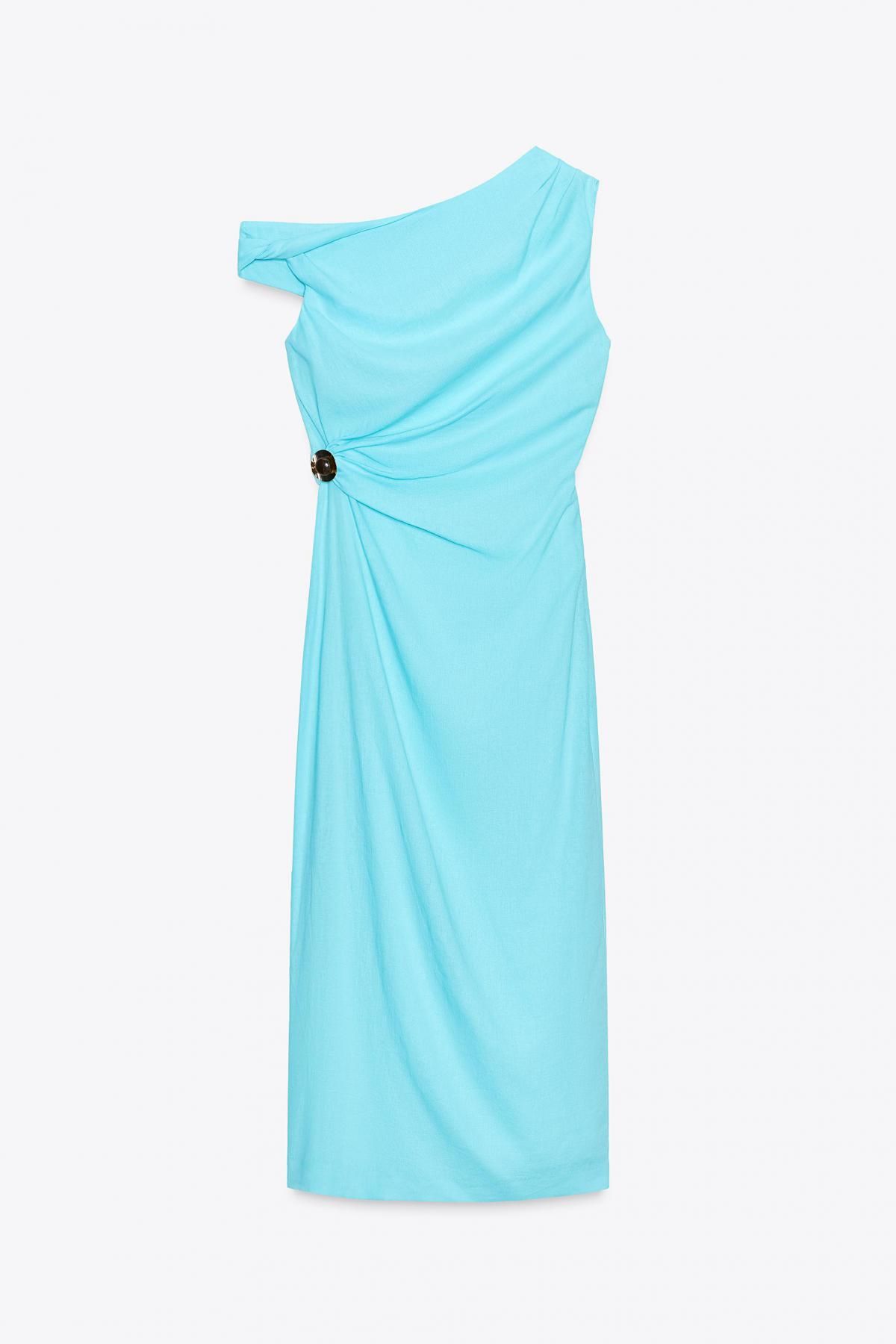 자라 골드 디테일 비대칭 린넨 블렌드 미디 원피스 8735/383 TURQUOISE - 메인 이미지