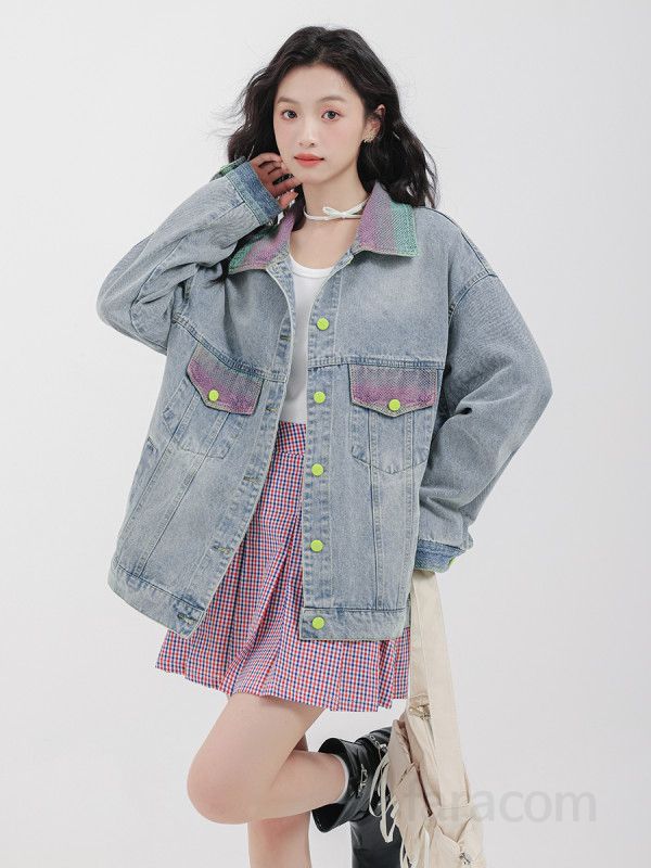 여성 레트로 데님 자켓 가을 루즈핏 홍콩 스타일 청자켓 컬러 매칭 캐주얼 아우터 트렌디한 디자인 데일리 패션 외출용 - 상세 이미지 4