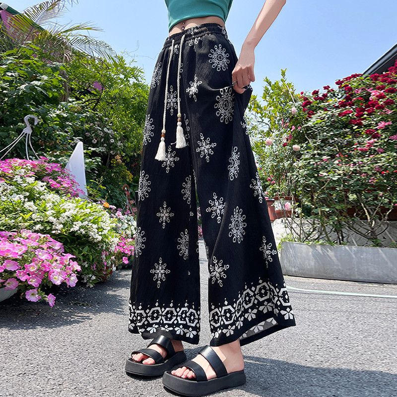 여성용 여름 코튼 린넨 드로스트링 와이드팬츠 9부 통기성 좋은 휴가 스타일 캐주얼 편안한 데일리 외출용 트렌디한 디자인 - 상세 이미지 3