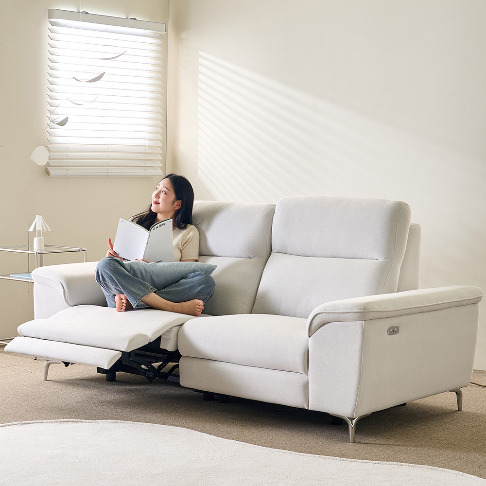 웰퍼니쳐 토스카 전동 리클라이닝 소파 스툴미포함, 아이보리, 3인용