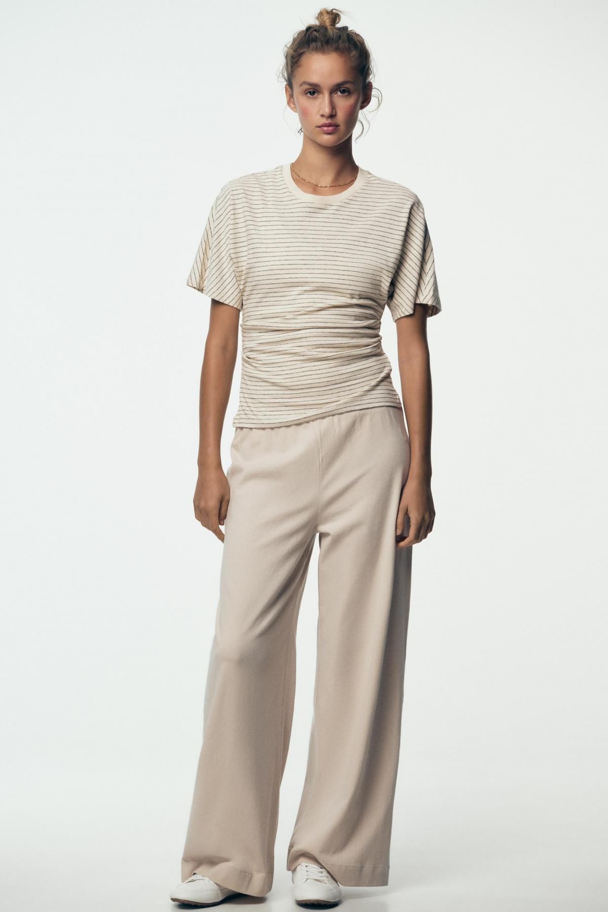 자라 린넨 블렌드 슬림핏 스트라이프 러플 반팔 티셔츠 6912/627 STRIPED - 상세 이미지 2
