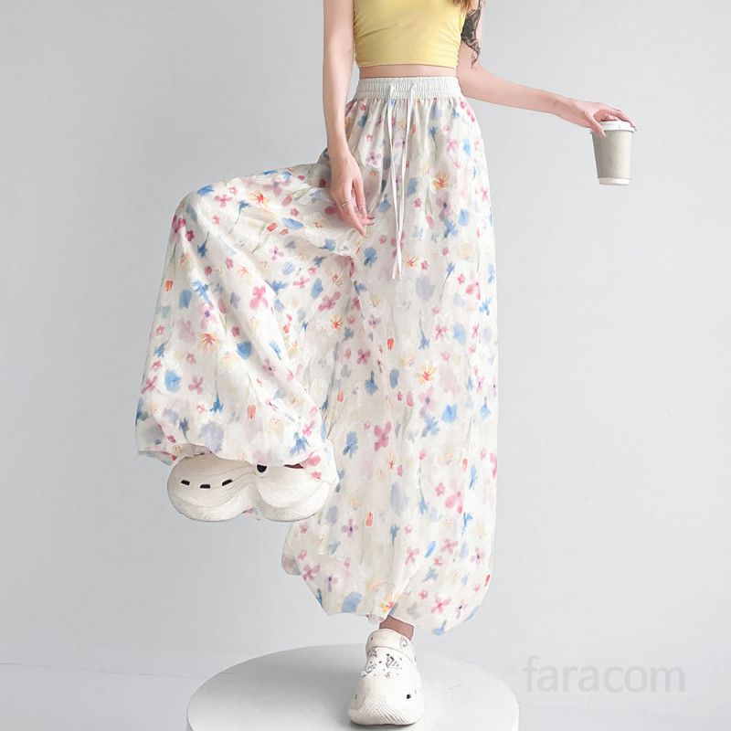 여성 여름 와이드팬츠 아이스실크 소재 컬러풀 꽃봉오리 디자인 하이웨이스트 시원한 착용감 캐주얼 스타일 데일리 외출용 청량감 있는 스트레이트 팬츠 - 상세 이미지 2