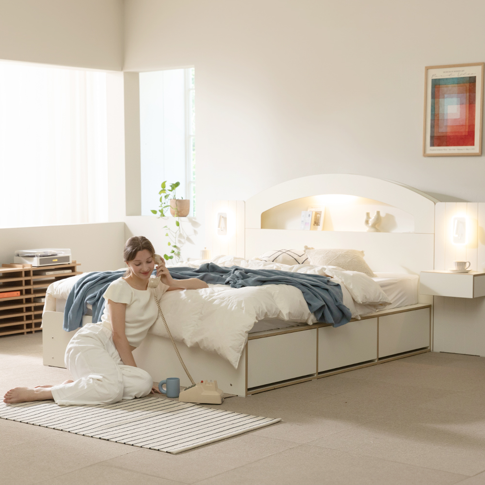 무디켄 리뉴 LED 선반헤드 수납 서랍 침대 프레임 (+방수커버) 원형, Q 서랍형, 아이보리+우드엣지