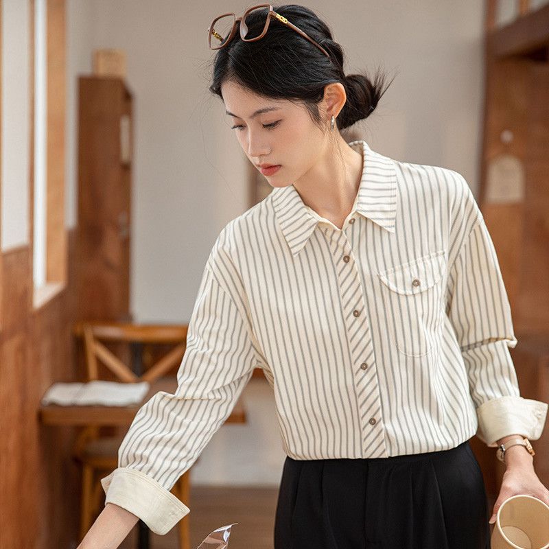 여성 스트라이프 긴팔 루즈핏 셔츠 얇은 폴로 칼라 데일리 캐주얼 스타일 시원한 착용감 여름용 외출 여행 코튼 소재 - 상세 이미지 5
