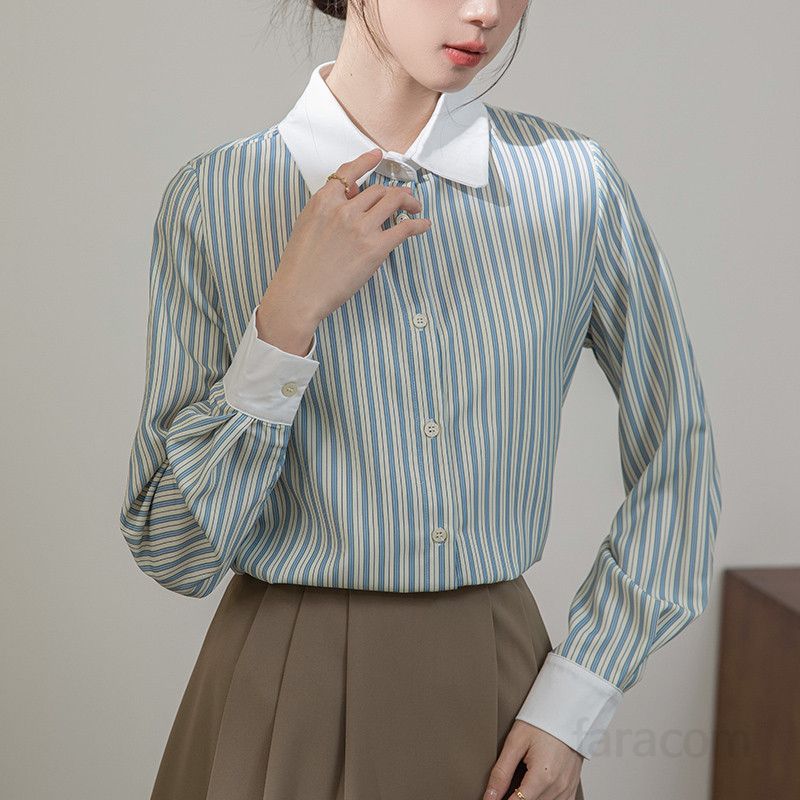 여성 긴팔 스트라이프 셔츠 봄 여름 캐주얼 코튼 남방 시원한 착용감 데일리 스타일 세련된 디자인 편안한 외출용 - 상품 이미지