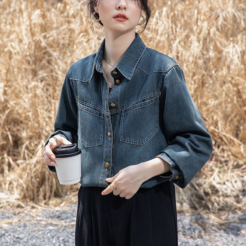 여성 데님 셔츠 루즈핏 롱슬리브 봄 가을 레이어드용 캐주얼 탑 시원한 착용감 레트로 홍콩 스타일 청남방 패션 - 상세 이미지 2