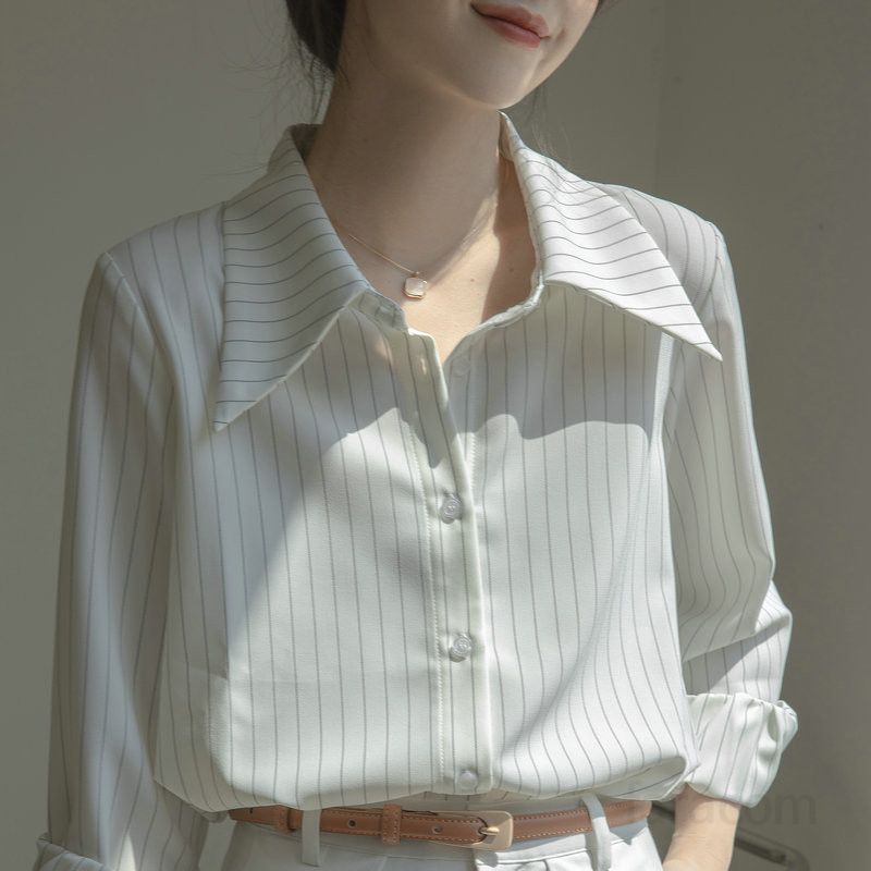 여성 스트라이프 긴팔 셔츠 봄 여름 캐주얼 스타일 화이트 패션 데일리룩 시원한 착용감 편안한 외출용 모던한 디자인 - 상세 이미지 2