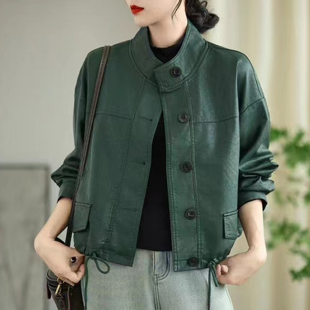 가을 중년여성 하이넥 숏 가죽 자켓 - 상품 이미지