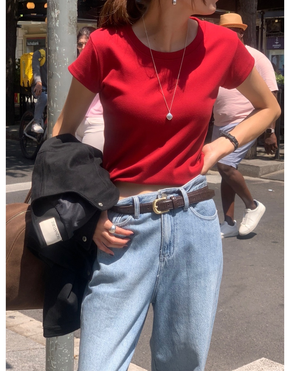 베른 캡소매 무지 티셔츠 슬림한 여자 레드 브라운 가을 반팔티 4color - 상세 이미지 2
