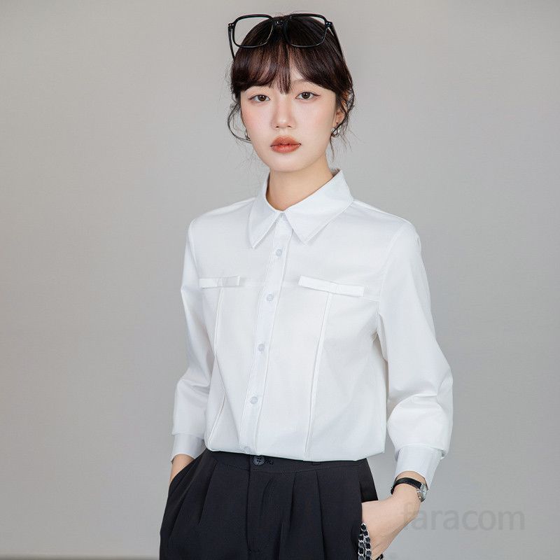 리본 플리츠 긴팔 셔츠 여성 가을용 루즈핏 블라우스 코디 쉬운 데일리 스타일 여성 의류 모던한 디자인 - 상세 이미지 3