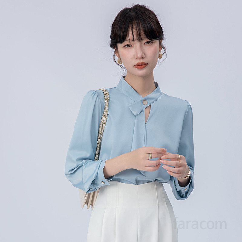 리본 새틴 화이트 셔츠 여성 긴팔 블라우스 가을 고급스러운 통근용 스타일 데일리 이너웨어 편안한 착용감 시크한 디자인