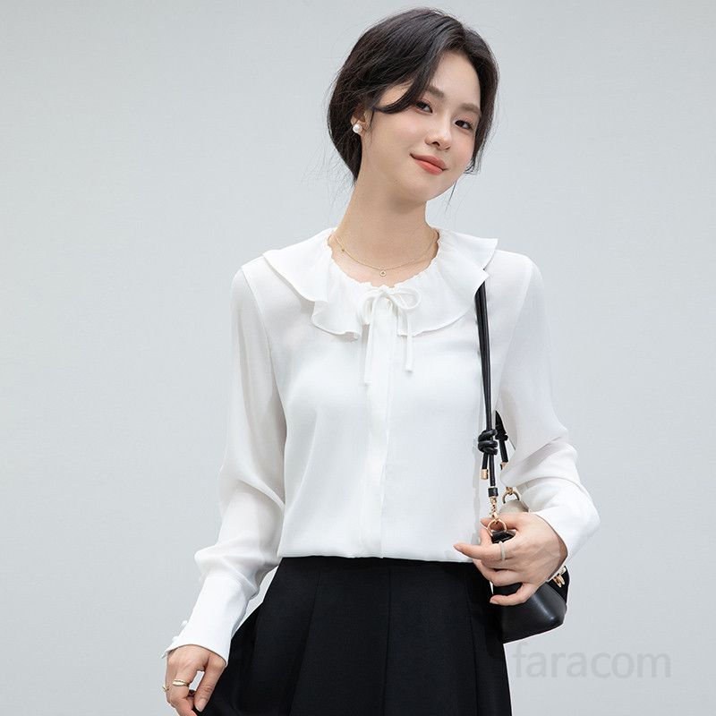 여성 러플 블라우스 봄 여름 라운드넥 셔츠 독특한 디자인의 데일리룩 통근용 캐주얼 스타일 시원하고 편안한 착용감 - 상세 이미지 4